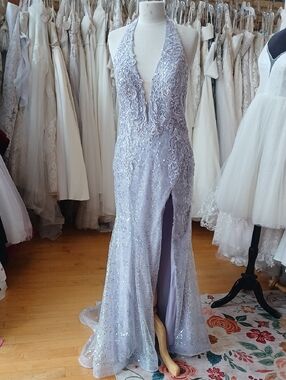Lavender Halter Sequin Evening Gown with Deep V and Front Slit